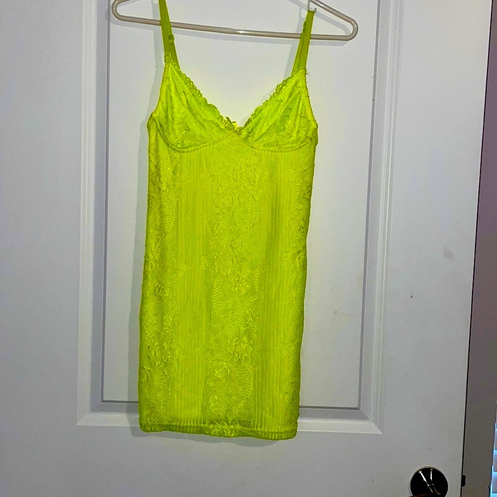 Neon yellow lace slip dress